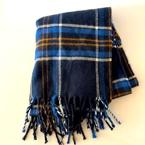 Plaid Scarf. EUC. Blue/White/Gold. 100% Acrylic OS